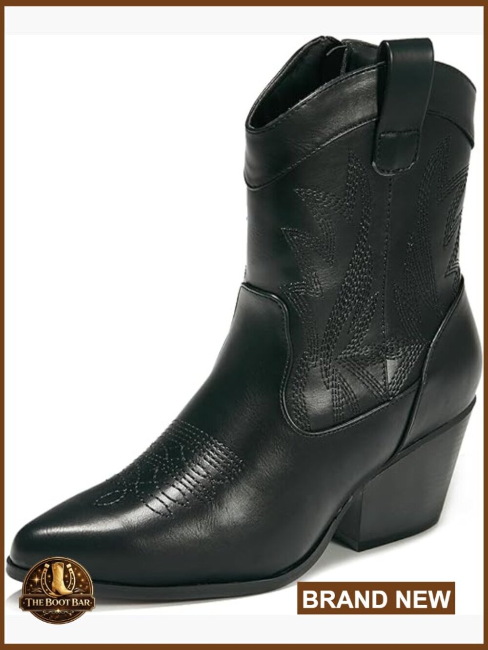 Embroidered Cowgirl Ankle Boots Mid Calf Chunky Heel Pointed Toe Faux Leather